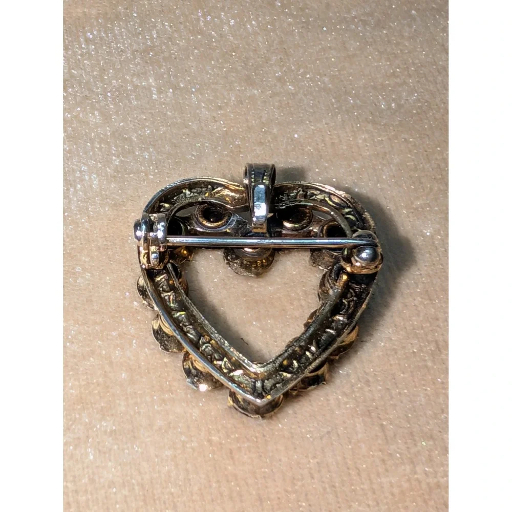 Vintage Gold Tone Red Rhinestone Heart Brooch Pendant Victorian Revival Pin‎